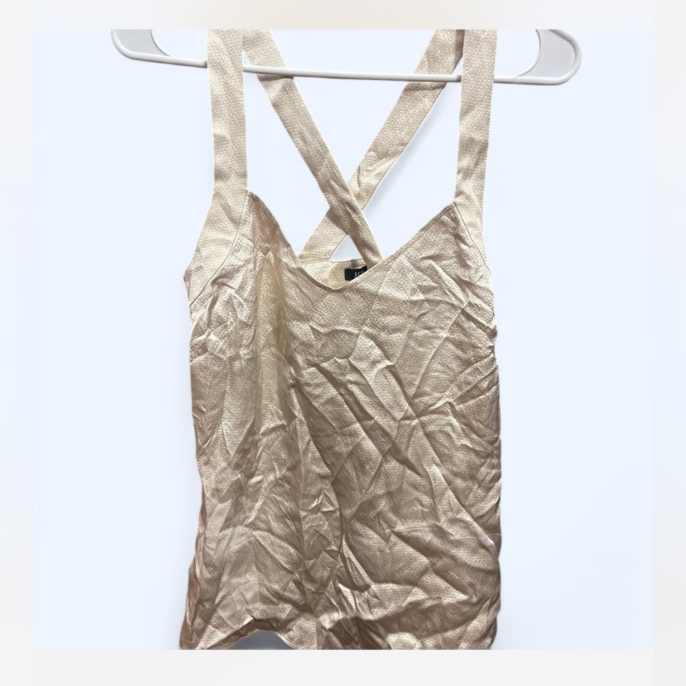 #7 J Crew Gold metallic tank top with crisscross straps and zipper on the side